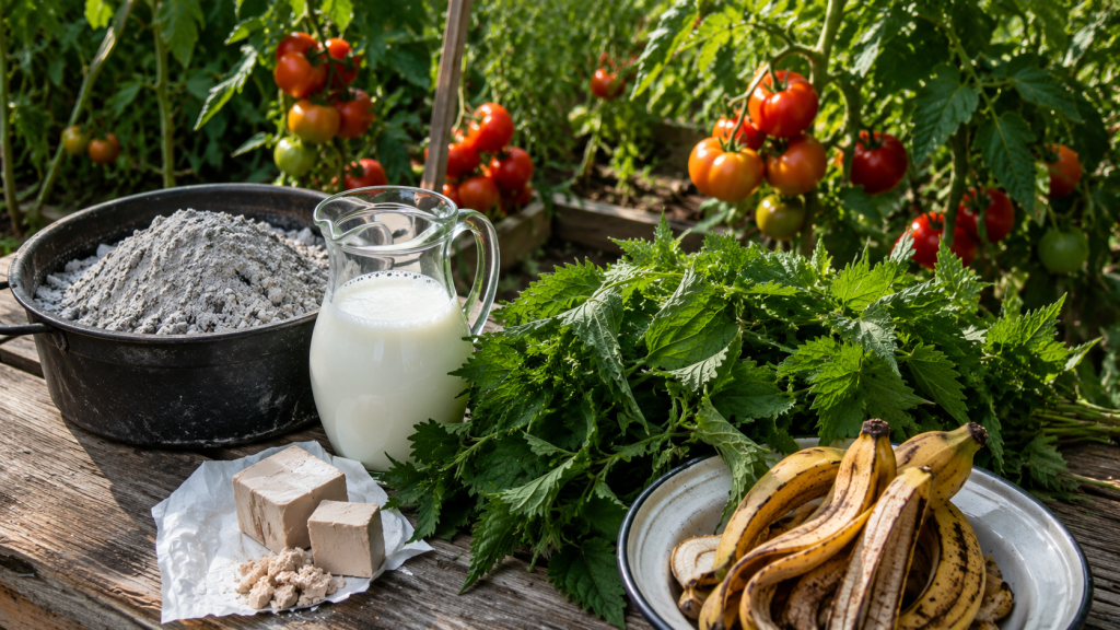 Roșii coapte în grădină alături de cenușă, lapte, drojdie, urzici și coji de banană folosite ca îngrășăminte naturale.