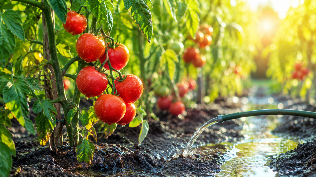 Plante de roșii udate corect într-o grădină de vară