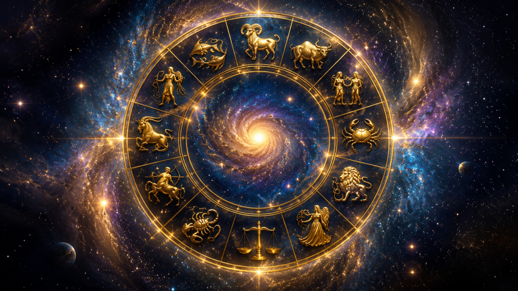 Cerc zodiacal luminos cu simbolurile zodiilor și energie astrală aurie care sugerează noroc și prosperitate