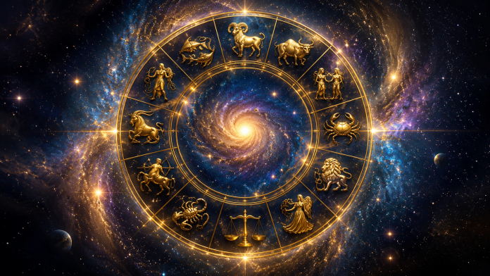 Cerc zodiacal luminos cu simbolurile zodiilor și energie astrală aurie care sugerează noroc și prosperitate