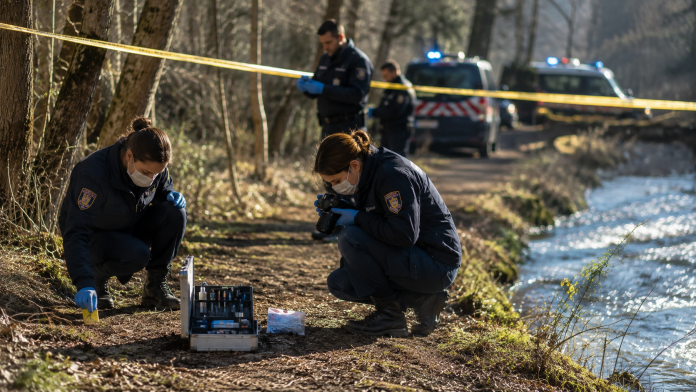 copil-gasit-mort-rennes.jpg Mașini de poliție și anchetatori într-o zonă de lângă râul Vilaine din Rennes, Franța