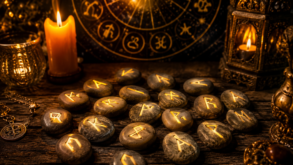 Rune strălucitoare așezate pe o masă de lemn, într-o atmosferă mistică și astrologică