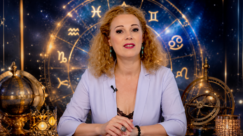 Camelia Pătrășcanu într-un decor astrologic elegant, cu simboluri zodiacale și atmosferă astrală luminoasă