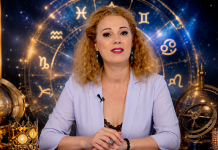 Camelia Pătrășcanu într-un decor astrologic elegant, cu simboluri zodiacale și atmosferă astrală luminoasă