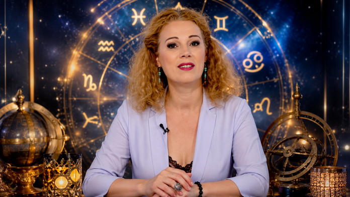 Camelia Pătrășcanu într-un decor astrologic elegant, cu simboluri zodiacale și atmosferă astrală luminoasă