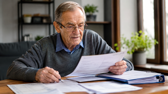 Pensionar analizând documente pentru recalcularea pensiei și o posibilă majorare a veniturilor