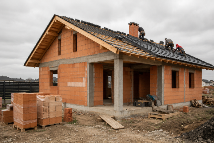 cost-constructie-casa-90-mp-2026.jpg Casă aflată în construcție, muncitori și materiale de construcții pe șantier