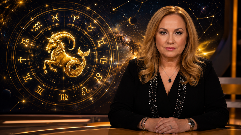 Simbolul zodiacal Capricorn pe un fundal cosmic care sugerează o perioadă favorabilă în plan financiar.