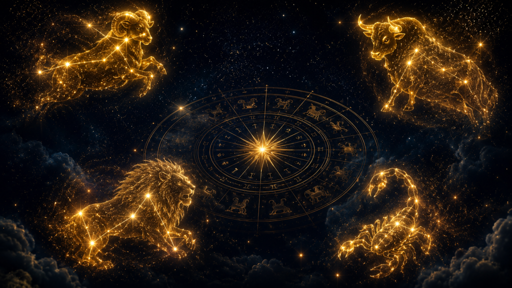 Constelații și cerc zodiacal care simbolizează cele patru zodii considerate norocoase în astrologie.