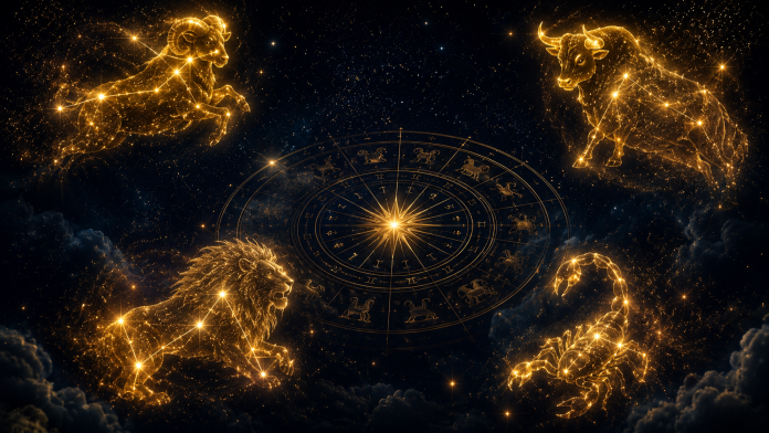 Constelații și cerc zodiacal care simbolizează cele patru zodii considerate norocoase în astrologie.
