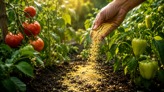Mălai presărat în grădină în jurul plantelor pentru întreținerea solului.