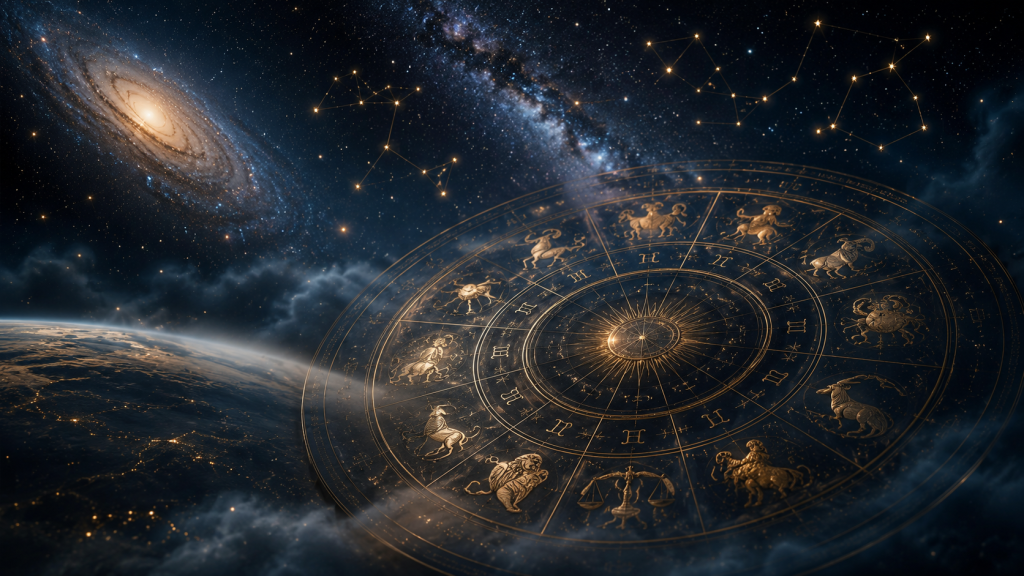 Cerc zodiacal luminos pe un cer înstelat care simbolizează o perioadă favorabilă pentru șase zodii.