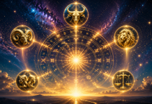 Cerc zodiacal luminos și simboluri astrologice care ilustrează zodiile favorizate până la sfârșitul verii.