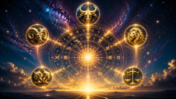 5-zodii-noroc-vara-2026.jpg Cerc zodiacal luminos și simboluri astrologice care ilustrează zodiile favorizate până la sfârșitul verii.