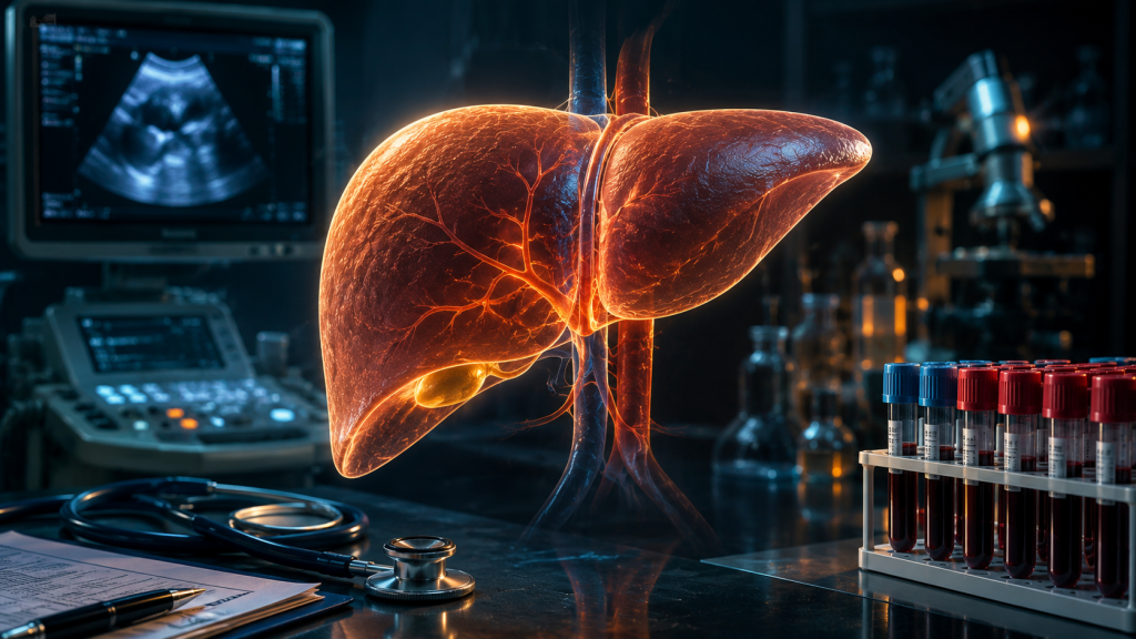 Analize medicale și reprezentarea ficatului utilizate pentru evaluarea sănătății hepatice.