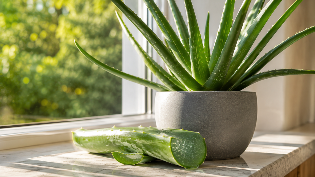 Plantă Aloe vera cu o frunză tăiată care evidențiază gelul transparent din interior.
