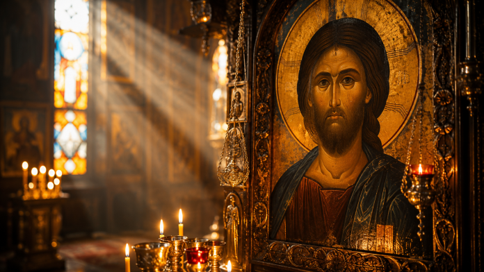 rugaciune-sanatate.jpg Icoană a Mântuitorului Iisus Hristos într-o biserică ortodoxă, simbol al rugăciunii pentru sănătate și ajutor.