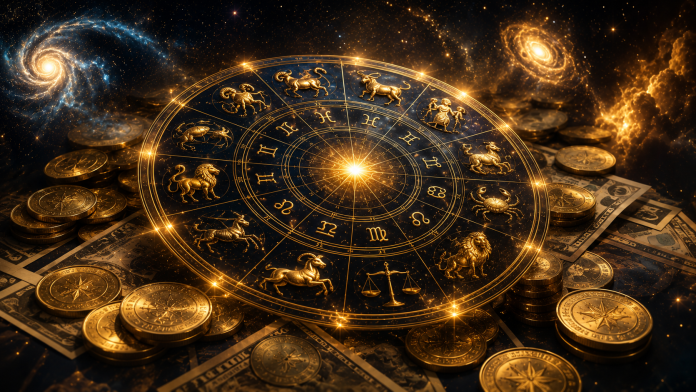 Cerc zodiacal și elemente care simbolizează norocul financiar al zodiilor în 2026.