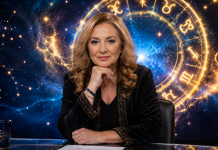 Cristina Demetrescu alături de un cerc zodiacal într-o imagine ilustrativă pentru horoscopul anului 2026.