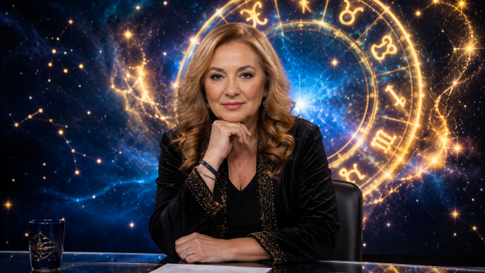 Cristina Demetrescu alături de un cerc zodiacal într-o imagine ilustrativă pentru horoscopul anului 2026.