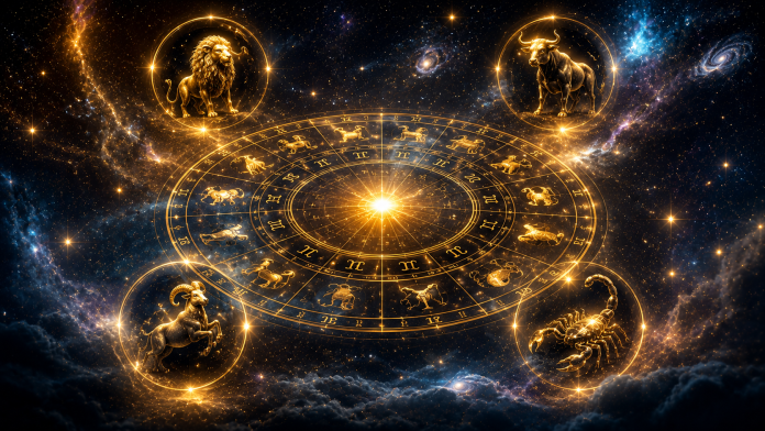 Cerc zodiacal luminos și constelații care simbolizează horoscopul pentru perioada 10-12 iulie.