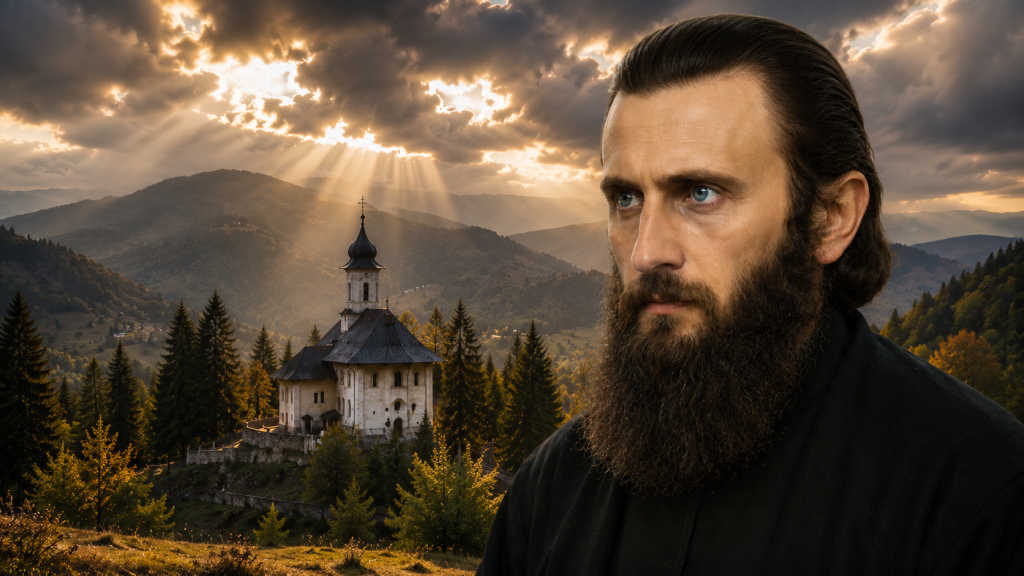 Imagine simbolică inspirată de mărturiile atribuite Părintelui Arsenie Boca despre credință și vremurile grele.