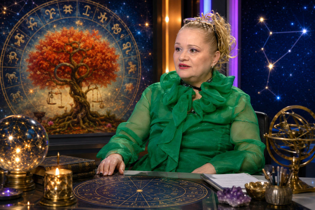 Mariana Cojocaru și o hartă astrală ilustrând interpretările astrologice despre luna nașterii.