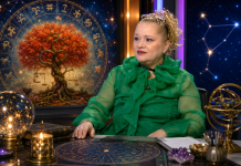 Mariana Cojocaru și o hartă astrală ilustrând interpretările astrologice despre luna nașterii.