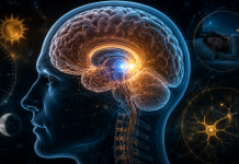 Ilustrație medicală realistă a creierului cu glanda pineală evidențiată în centru.