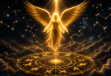 Înger luminos deasupra cercului zodiacal, simbol al protecției și al norocului în astrologie.