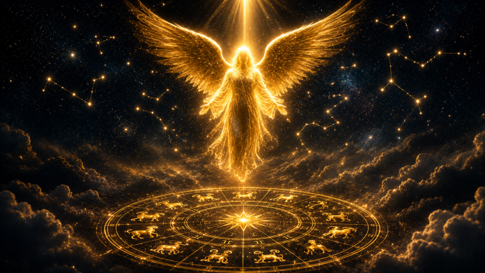 Înger luminos deasupra cercului zodiacal, simbol al protecției și al norocului în astrologie.