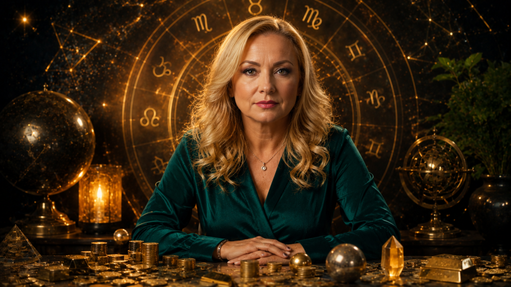 Cristina Demetrescu într-un decor astrologic dedicat previziunilor financiare pentru zodiile favorizate în 2026.