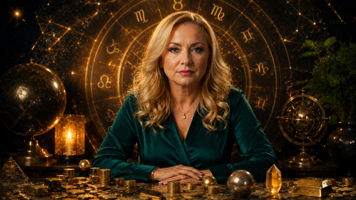 Cristina Demetrescu într-un decor astrologic dedicat previziunilor financiare pentru zodiile favorizate în 2026.