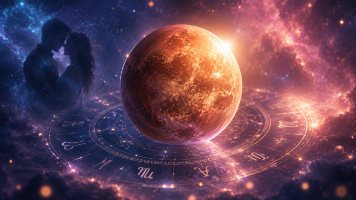 Planeta Venus reprezentată într-un decor astrologic, asociată cu iubirea, atracția și relațiile pentru cele 12 zodii.