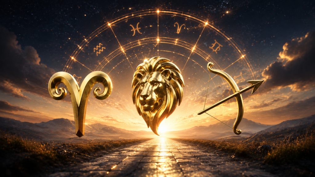 Trei simboluri zodiacale într-un decor astrologic luminos, reprezentând zodiile care pot avea oportunități importante până la sfârșitul anului 2026.