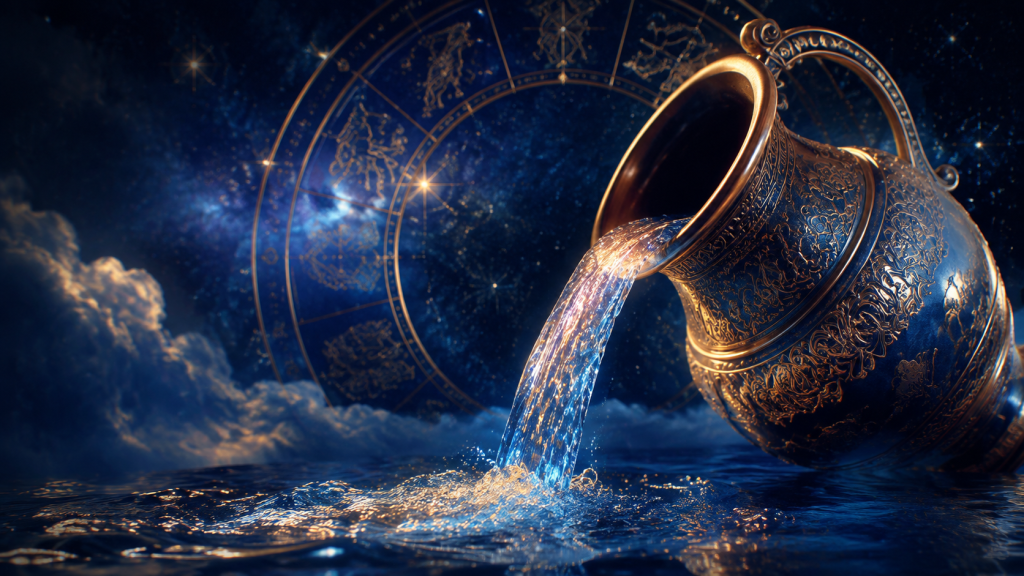 Simbolul zodiei Vărsător într-un decor astrologic misterios și elegant