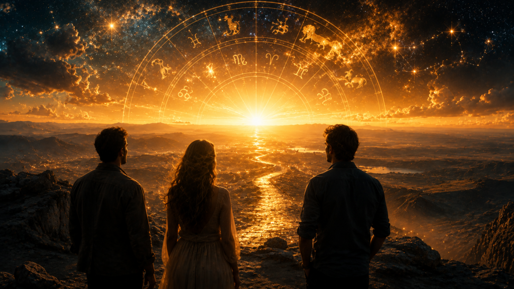Trei simboluri zodiacale aurii într-un decor astrologic, reprezentând ambiția, perseverența și forța interioară.