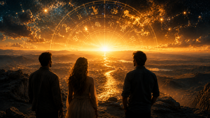 Trei simboluri zodiacale aurii într-un decor astrologic, reprezentând ambiția, perseverența și forța interioară.
