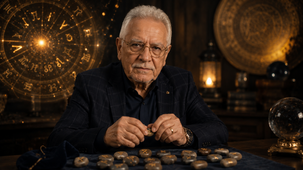 Mihai Voropchievici într-un decor inspirat de rune și zodiac, pentru previziunile dedicate ultimelor luni din 2026.