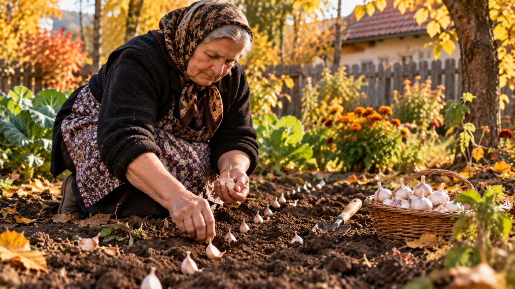 Femeie plantând căței de usturoi în grădină toamna