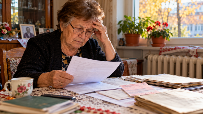 verificare-decizie-pensie.jpg Pensionară verificând decizia de recalculare a pensiei și talonul de pensie