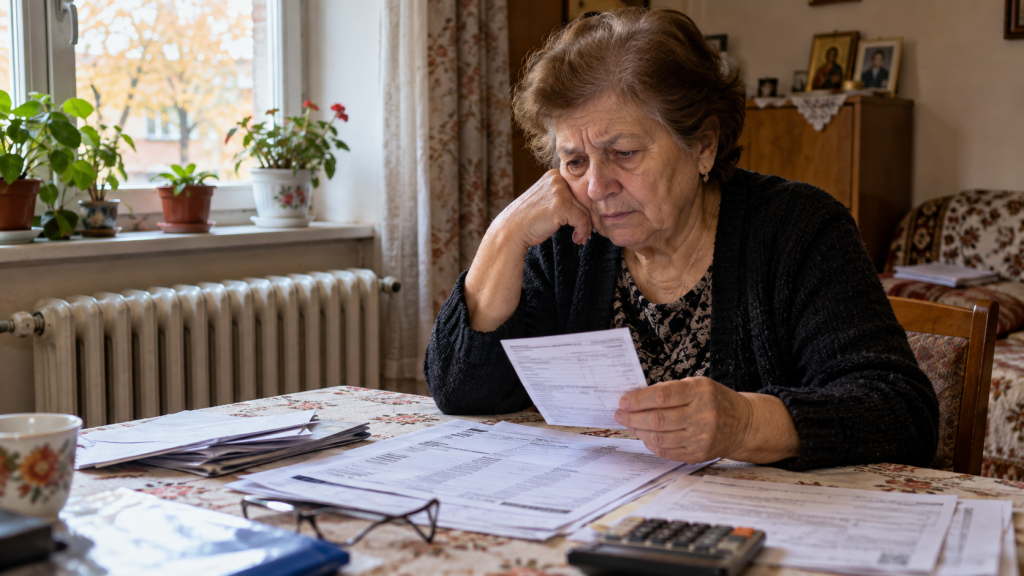 Pensionară verificând actele pentru ajutorul de încălzire 2026-2027