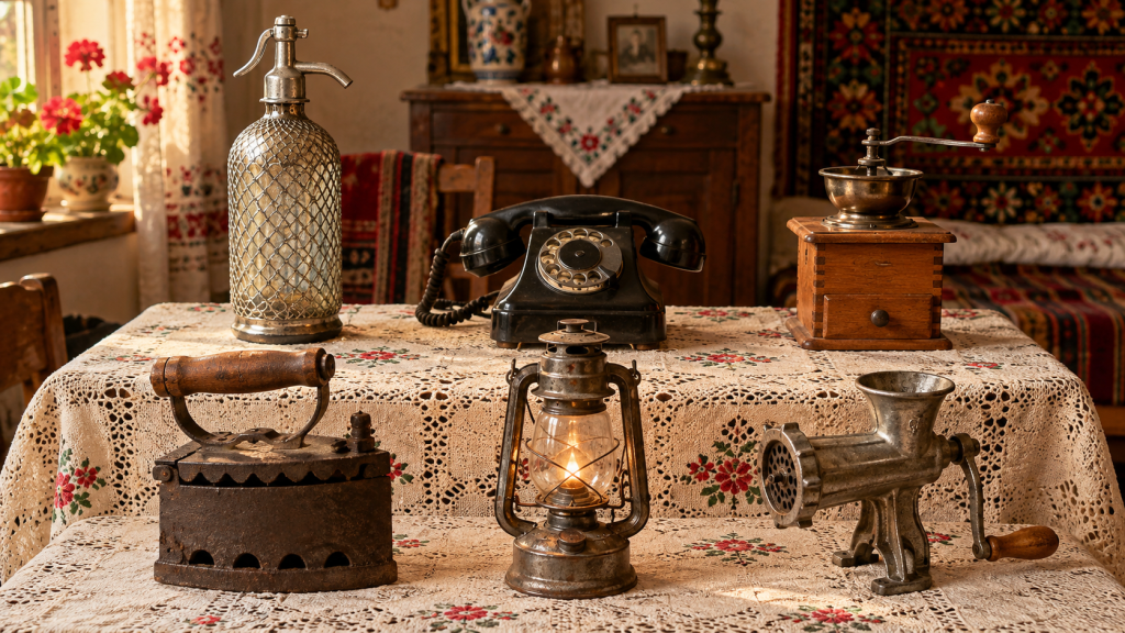 Șase obiecte vechi din gospodăriile românești: sifon, telefon cu disc, râșniță de cafea, fier de călcat cu cărbuni, lampă cu petrol și mașină manuală de tocat carne.