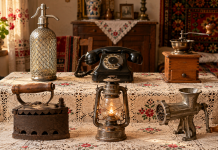 Șase obiecte vechi din gospodăriile românești: sifon, telefon cu disc, râșniță de cafea, fier de călcat cu cărbuni, lampă cu petrol și mașină manuală de tocat carne.