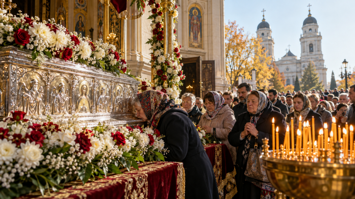 Racla Sfintei Cuvioase Parascheva împodobită cu flori și credincioși veniți în pelerinaj la Catedrala Mitropolitană din Iași, de sărbătoarea din 14 octombrie 2026.