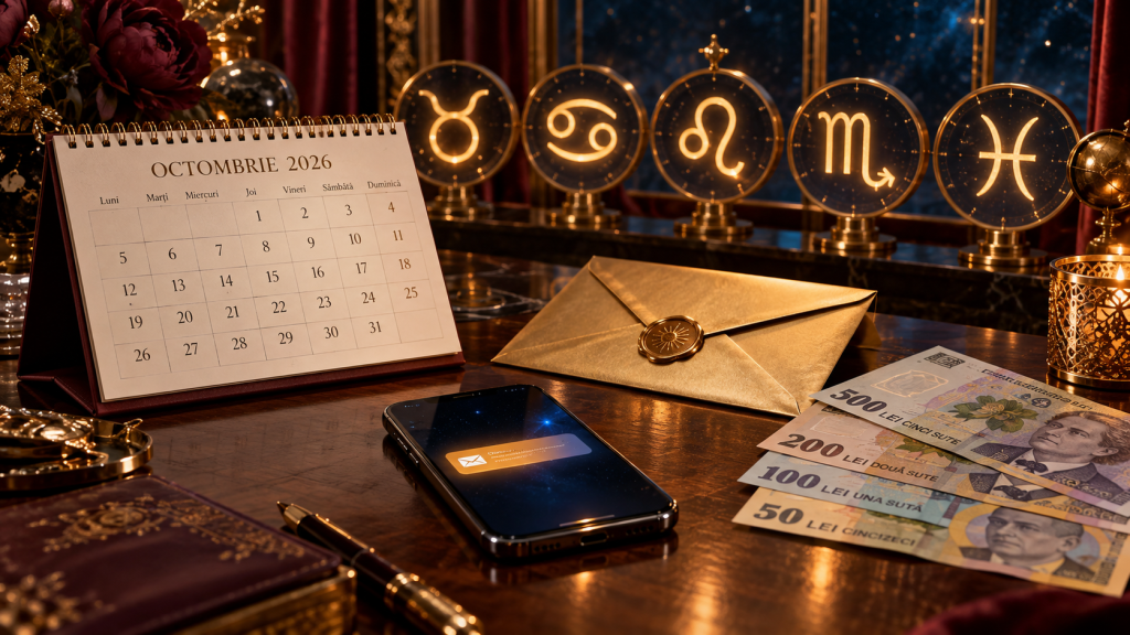 Horoscop până la 31 octombrie 2026, cu simbolurile zodiilor Taur, Rac, Leu, Scorpion și Pești, asociate cu bani, familie și noi începuturi.