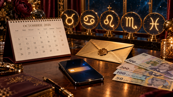 Horoscop până la 31 octombrie 2026, cu simbolurile zodiilor Taur, Rac, Leu, Scorpion și Pești, asociate cu bani, familie și noi începuturi.