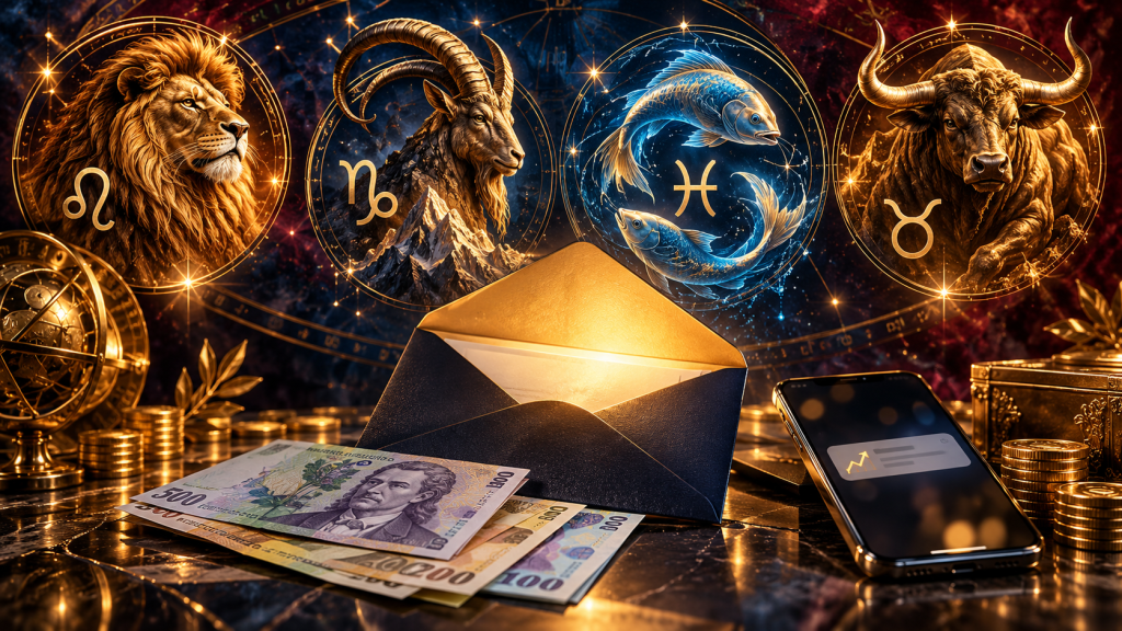 Horoscop Cristina Demetrescu pentru 21 octombrie 2026, cu simbolurile zodiilor Leu, Capricorn, Pești și Taur, asociate cu bani și schimbări importante.