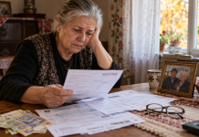 Femeie pensionară de aproximativ 65 de ani verificând documente pentru pensia de urmaș după decesul soțului, în România, în 2026.