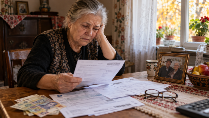 pensie-urmas-dupa-moartea-sotului-2026.webp Femeie pensionară de aproximativ 65 de ani verificând documente pentru pensia de urmaș după decesul soțului, în România, în 2026.